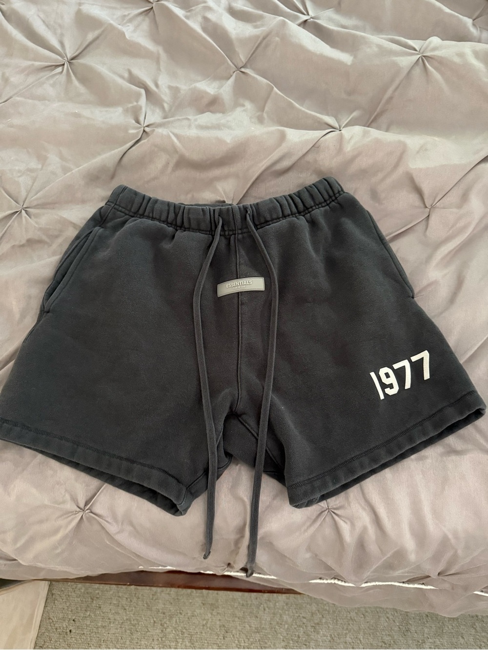 Essentials Black Athletic Shorts with 1977 Print